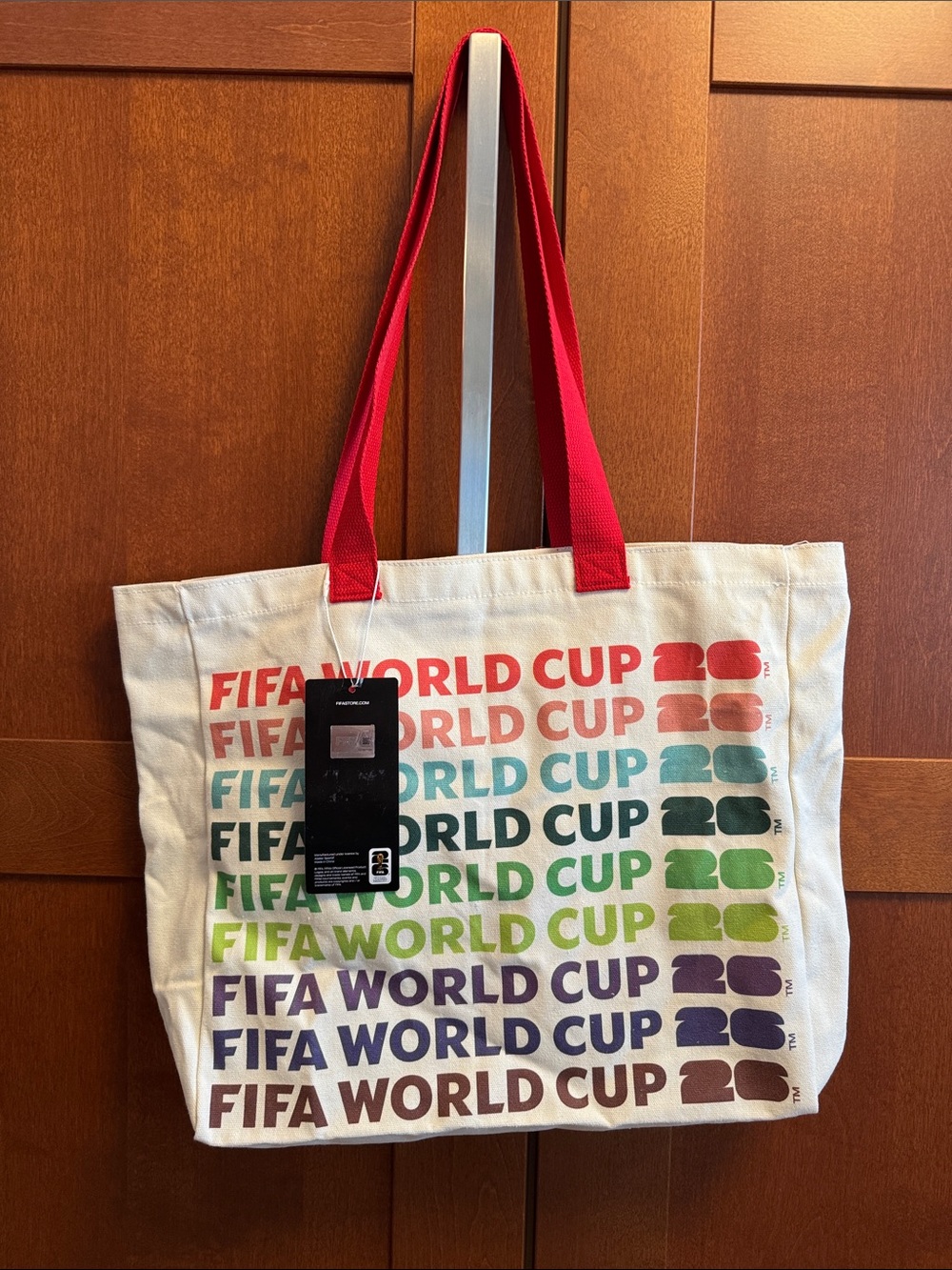 Canvas Tote Bag with Red Straps and Multicolor FIFA World Cup Print